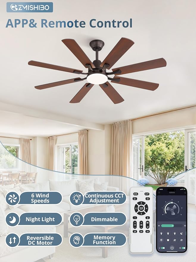 ZMISHIBO 52 inch Ceiling Fan with Light and Remote, 8 Blades Ceiling Fans with 20W LED Light, Quiet DC Motor, 6 Speeds, Stepless CCT & Dimmable, for Bedroom Living Room, Oil Bronze