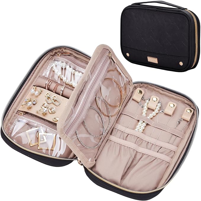 NISHEL Travel Jewelry Case Organizer, Tangle-Free Necklace Storage Bag | Stores rings, earrings, bracelets and watches in a compact case for travel, vacations and daily use, Black, Medium