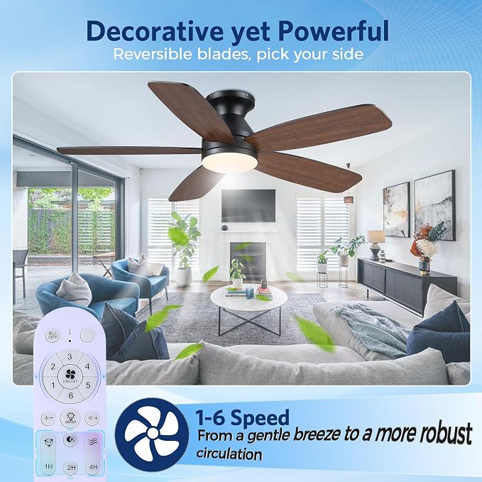 JSAITEE 48" Ceiling Fans with Lights Low Profile - Flush Mount Ceiling Fan with Light and Remote, 6 Wind Speeds Reversible, Quiet, 3CCT Dimmable, Fan Light for Modern Indoor, Bedroom, Kitchen, Brown