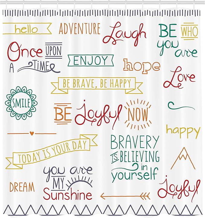 Ambesonne Adventure Shower Curtain, Various Words on Happiness and Self Value Uplifting Phrases Being Who You are, Cloth Fabric Bathroom Decor Set with Hooks, 69" W x 75" L, Jade Green