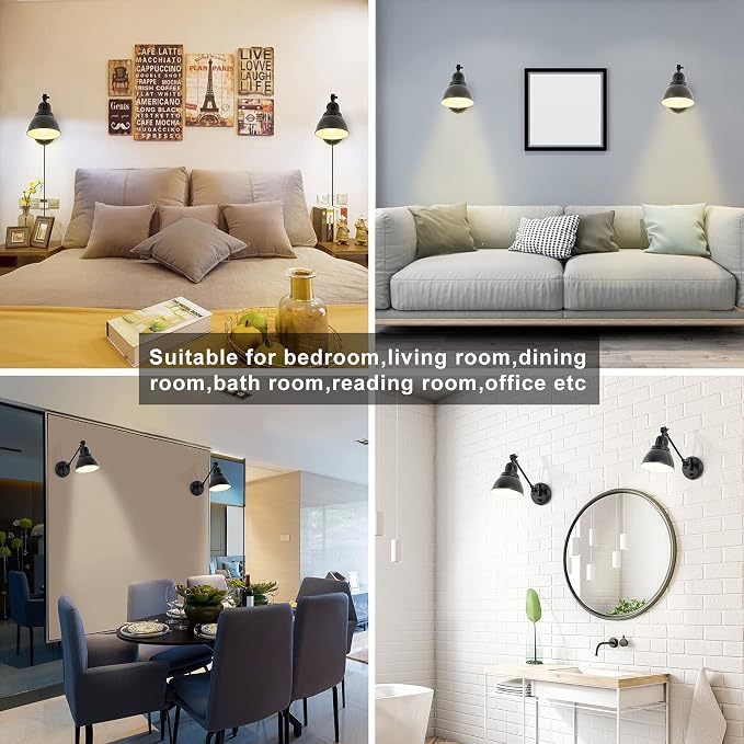 GOODATE Plug in Wall Sconces, Wall Sconce Lighting with Dimmable On Off Switch, Swing Arm Wall Lamp, Black Metal Industrial Wall Light Fixtures, Safety E26 Base, 6FT Plug in Cord