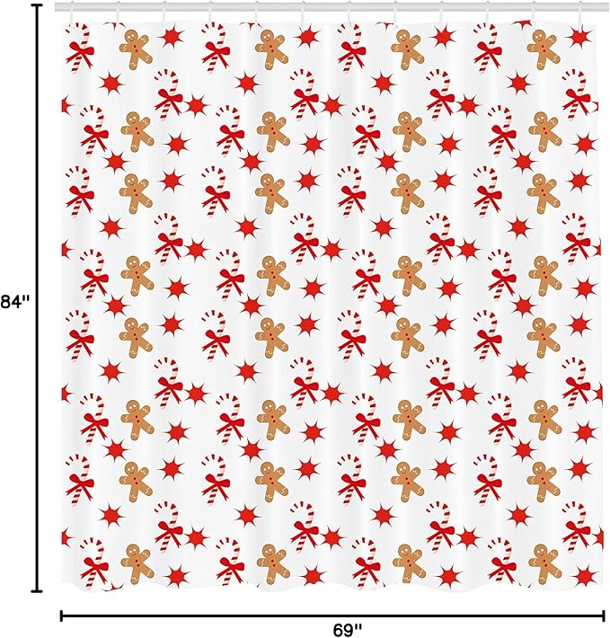Ambesonne Gingerbread Man Shower Curtain, Candy Cane with Bowties Red Star Gingerbread Man Pattern, Cloth Fabric Bathroom Decor Set with Hooks, 69" W x 84" L, Sand Brown Orange