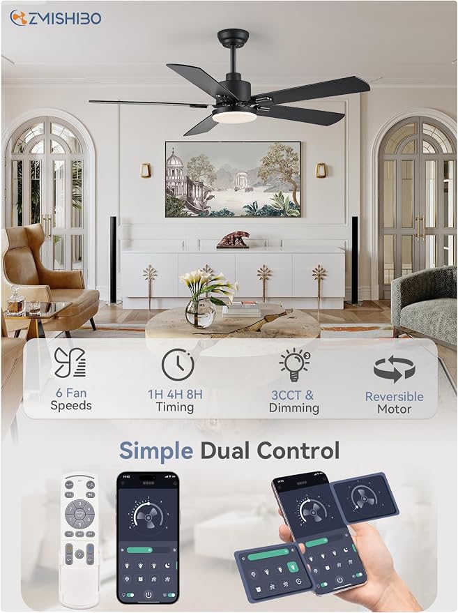 ZMISHIBO 2 Pack 52" Ceiling Fans with Lights, Black Modern Ceiling Fan with Remote & App Control, Farmhouse Indoor Fan with Dual Finish Blades, Quiet & Strong Motor, 24W Dimmable Bright LED Light.