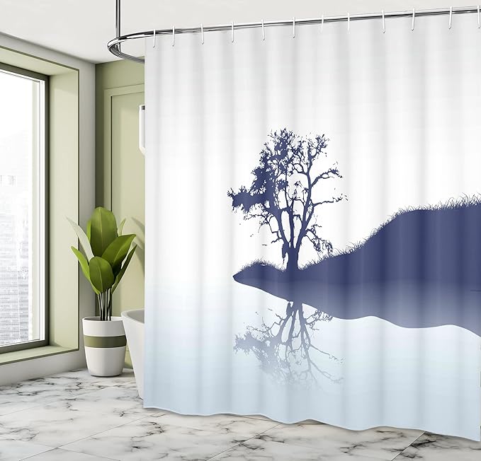 Ambesonne Nature Shower Curtain, Silhouette of Lonely Tree by Lake with Mirror Effects Melancholy Illustration, Cloth Fabric Bathroom Decor Set with Hooks, 69" W x 70" L, Pale Blue Indigo