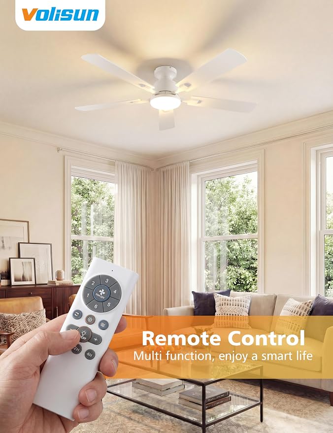 VOLISUN 52 Inch Ceiling Fan with Lights Flush Mount, Low Profile Ceiling Fans with Lights, Remote&APP Control,Dimmable 22W LED Light,Queit&Reversible Fan, White Ceilings Fans for Bedroom, Living Room