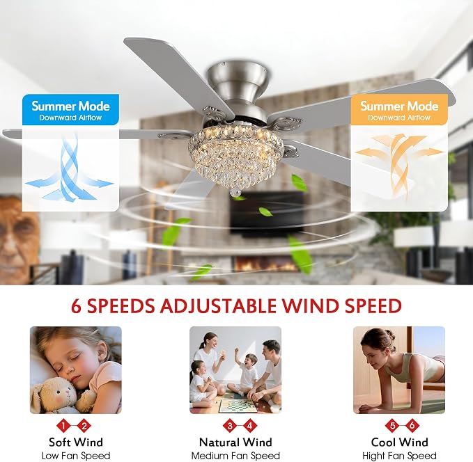 GJeg Crystal Ceiling Fan Fandelier with Lights-Ceiling Fans with Remote Control,Modern Ceiling Fan with Noiseless DC Reversible Motor,Dining Room,Living Room(52" Nickel)