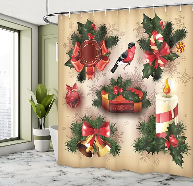 Ambesonne Christmas Shower Curtain, Vintage Style Classical Candle Bell Mistletoe Ribbon Bird Art Print, Cloth Fabric Bathroom Decor Set with Hooks, 69" W x 70" L, Multicolor Red
