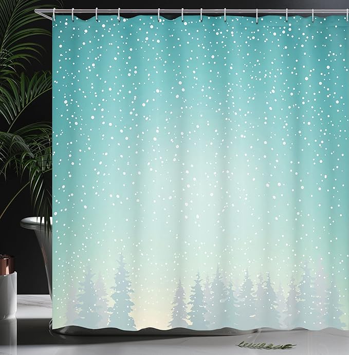 Ambesonne Winter Shower Curtain, Snow Falls on The Spruce Forest Fir Trees Seasonal Nature Woods ICY Cold Xmas, Cloth Fabric Bathroom Decor Set with Hooks, 69" W x 70" L, Turquoise White