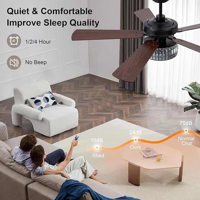 60" Crystal Ceiling Fan with Lights and Remote, Rustic Chandelier | Farmhouse Fandelier Ceiling Fan, Crystal Caged Chandelier for Living Room Indoor Cover Porch, Reversible DC Motor 6 Speeds