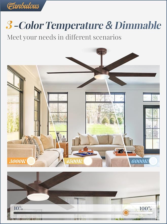 Fanbulous 60 Inch Ceiling Fans with Lights and Remote, Reversible 6 Blades, Dimmable, 3000K-6000K Adjustable, Outdoor Ceiling Fans for Patios, Large Ceiling Fan for Indoor or Covered Outdoor, Brown