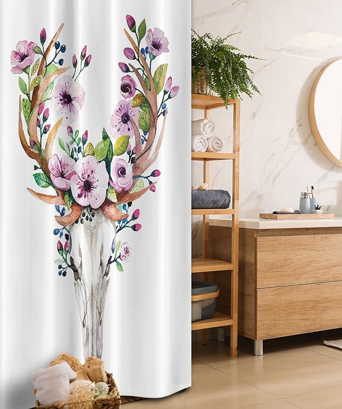 Ambesonne Skull Stall Shower Curtain, Deer Animal Floral Horns Nature Cycle Inspired Dead and Living Art Print, Fabric Bathroom Decor Set with Hooks, 36" W x 72" L, Brown Purple