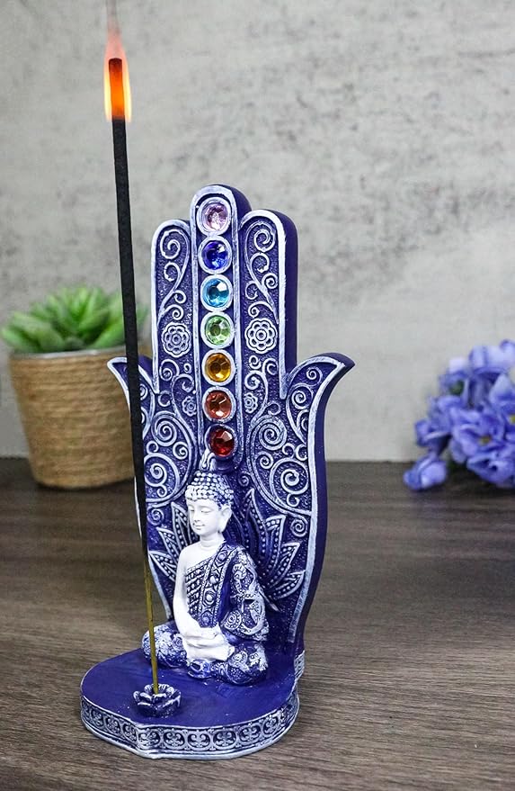 Ebros Gift Blue and White Nirvana Sacred Symbol Hamsa Palm with Buddha Gautama and Rainbow Chakra Stones Incense Stick Holder Burner Home Decor Figurine 6" H Zen Feng Shui Vastu Accent