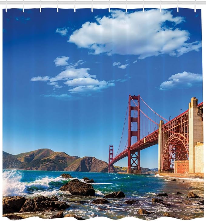 Ambesonne Landscape Shower Curtain, San Francisco Golden Gate Bridge Rocky Sea Waterscape Scenic Coastline Vacation, Cloth Fabric Bathroom Decor Set with Hooks, 69" W x 75" L, Blue