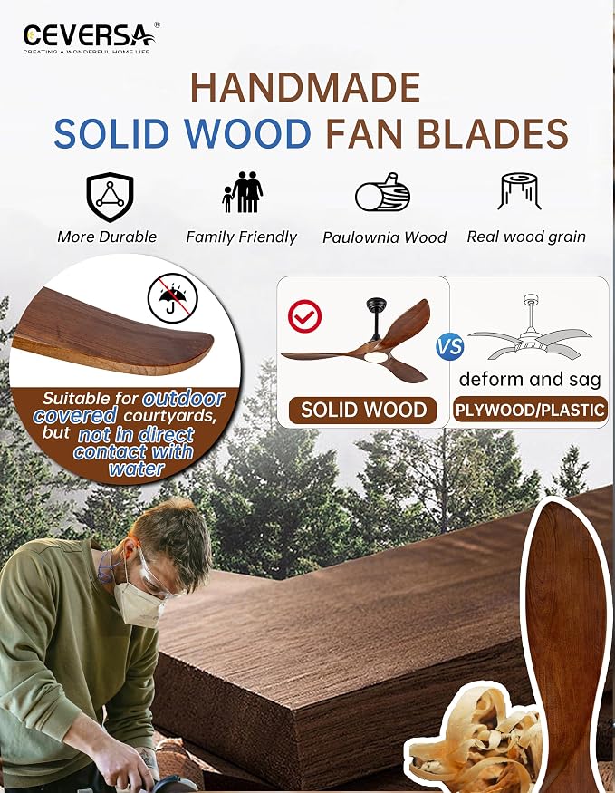52 Inch Solid Wood Outdoor Ceiling Fans with Lights and Remote,3 Blade Modern Ceiling Fan with Wall Control Switch,Dimmable,Quiet Noiseless DC Motor for Patios,Farmhouse,Living Room,Bedroom