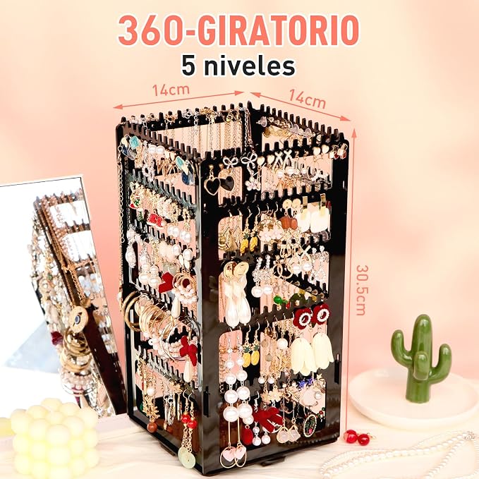 17Dec 360 Rotating Earring Holder Organizer Stand,5 Tiers Acrylic Jewelry Organizers and Storage,Stud Earring Organizers and Storage,212 Holes and 212 Grooves for Earrings Necklaces chain bracelet