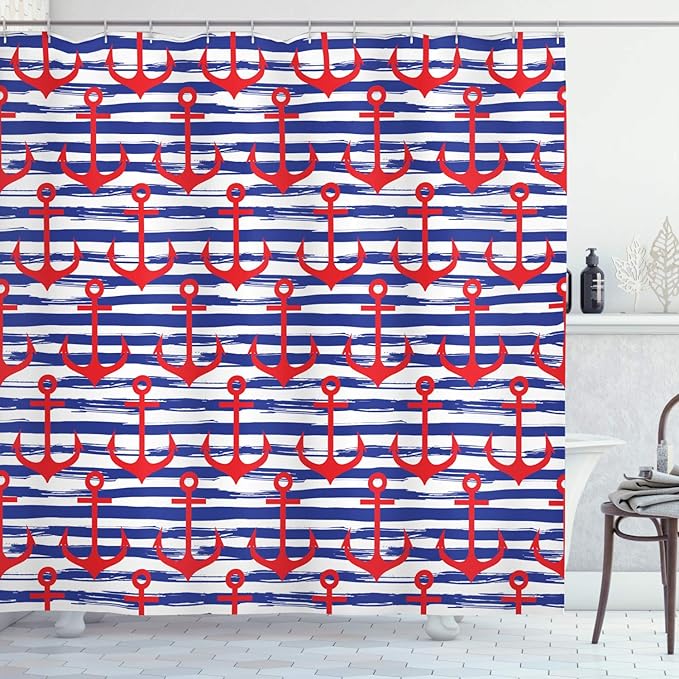 Ambesonne Anchor Shower Curtain, Anchors on Striped Background Geometrical Artwork Holiday Party Gathering, Cloth Fabric Bathroom Decor Set with Hooks, 69" W x 84" L, Navy Blue Red White