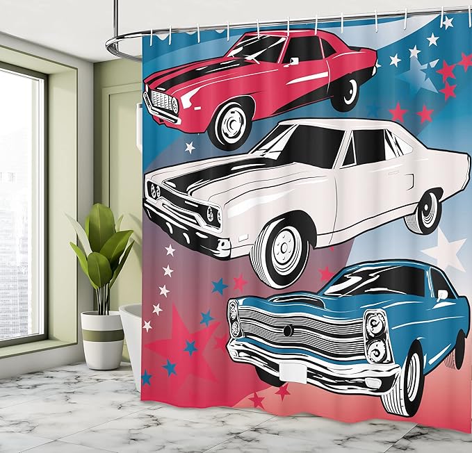 Ambesonne Cars Shower Curtain, Comic Book Style Pop Art Group of Nostalgic American Muscle Cars and Stars Antique Retro Inspired, Cloth Fabric Bathroom Decor Set with Hooks, 69" W x 75" L, Blue Beige