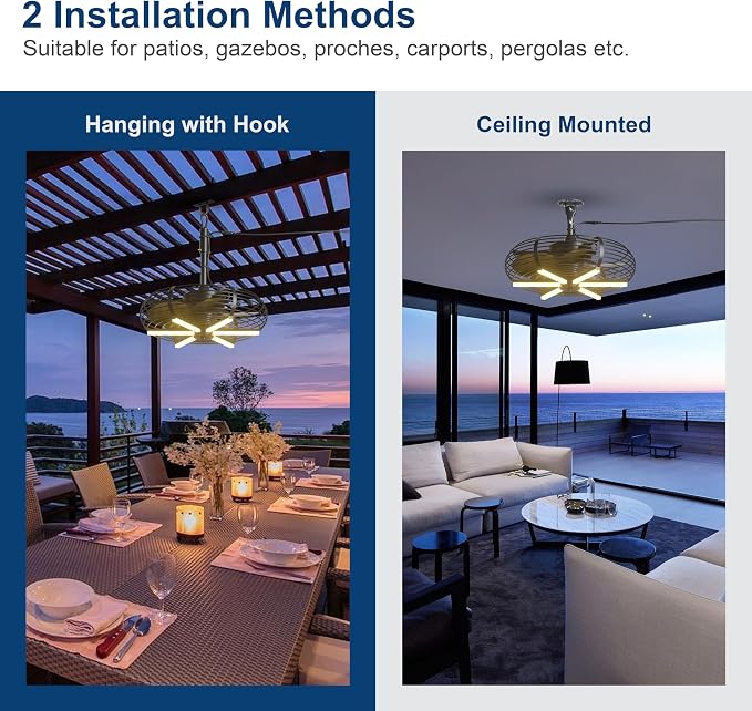 Coolbull Outdoor Ceiling Fans with Lights, 20'' Hanging Fan, Plug and Play | Wet Rated, Remote & APP Control Black Outdoor Fan with Hook for Gazebos, Patios, Porches, Decks