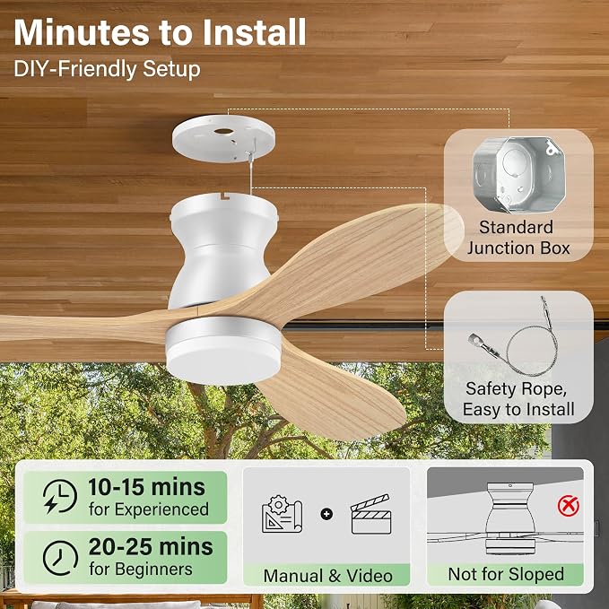 42" Wood Ceiling Fans with Lights,Smart Control via Remote WiFi Alexa APP,Quiet DC Motor,Modern Flush Mount Ceiling Fan for Low Profile Bedroom,Patio,3 Blade,Natural Wood and White,Outdoor Indoor,Dim