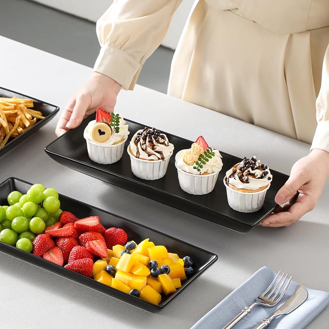 MALACASA 3 Tier Serving Trays for Party, Stoneware Serving Platters and Trays, 14 Inch Tiered Tray Stand, Fruit Tray, Trays for Serving Food, Black Dessert Stand with Collapsible Sturdier Metal Rack | Tiered Cupcake Stand for Party, Fruit Tray, Trays f...