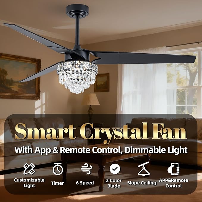 Chandelier Ceiling Fans With Lights And Remote, Chandelier Fan Ceiling,Crystal Ceiling Fan Fandelier With Lights,6 Speed 3 Timer Quiet Ceiling With Fans For Living Room Bedroom (Black, 60 In'ch)