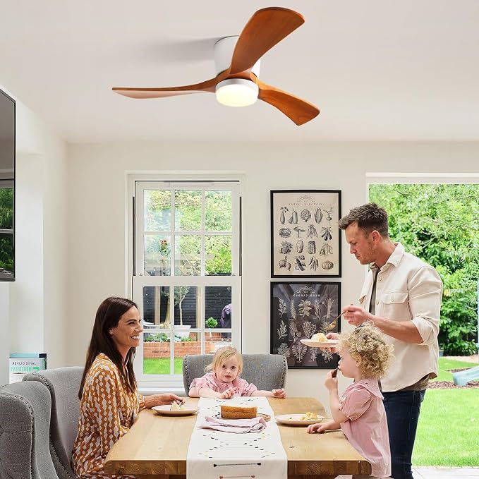 GESUM 42" Flush Mount Ceiling Fan with Lights3 Wood Blades, Reversible,Dimmable, Low Profile Ceiling Fan with Remote Control for Living Room Kitchen Bedroom(White+Wood)
