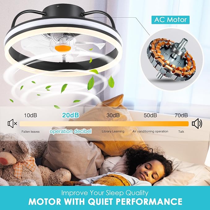 Ceiling Fan-Low Profile Ceiling Fan with Light - Modern Flush Mount Ceiling Fan ,16" RGB Dimmable LED Enclosed Ceiling Fans,Modern Bladeless LED-RGB Ambient Light for Bedroom Kids Room Party（Black）