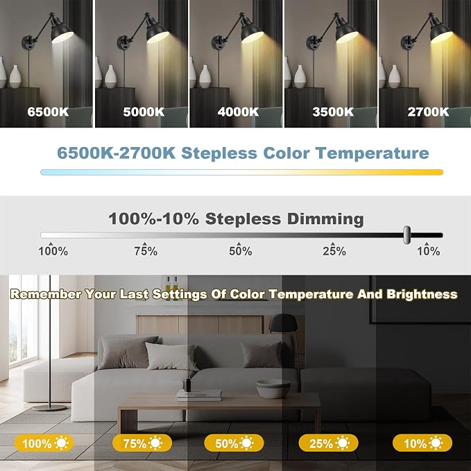 Plug in Wall Sconces Set of Two with Remote, Stepless Dimming & Stepless Colors 2700K-6500K, Swing Arm Wall Lamp, Plug in Wall Light with Night Light & Timer, Hardwired or Plug-in, LED Bulbs Included
