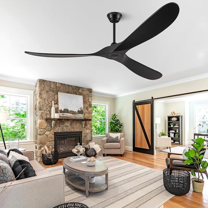 Eliora 52 Inch Ceiling Fan without Lights, Wood Ceiling Fans no Light with Remote Wall Switch and DC Motor, Indoor Outdoor Fan for Patio, Porch, Bedroom Propeller 3 Blades Ceiling Fans Matte Black