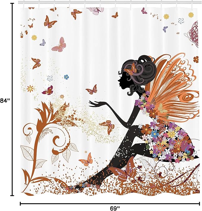 Ambesonne Fantasy Shower Curtain, Spring Girl Wings in a Floral Dress Surreal Garden Butterflies Print, Cloth Fabric Bathroom Decor Set with Hooks, 69" W x 84" L, Pale Cinnamon