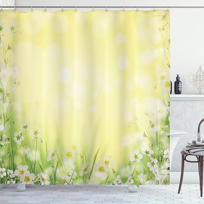 Ambesonne Flower Shower Curtain, Flowering Field with Fresh Grass Soft Springtime Pale Colored Blurred Image, Cloth Fabric Bathroom Decor Set with Hooks, 69" W x 75" L, Yellow Green
