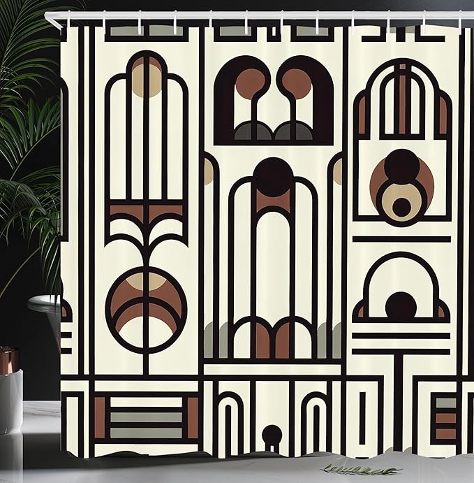 Ambesonne Modern Shower Curtain, Art Abstract Design of Arch Lines and Mid Century Round Details Geometric, Cloth Fabric Bathroom Decor Set with Hooks, 69" W x 75" L, Eggshell Caramel Grey