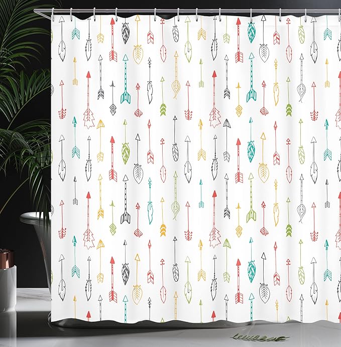 Ambesonne Arrows Shower Curtain, Colorful Hand Drawn Doodle Style Fun Art with Boho Style Arrows Vertical Pattern, Cloth Fabric Bathroom Decor Set with Hooks, 69" W x 70" L, Yellow Green
