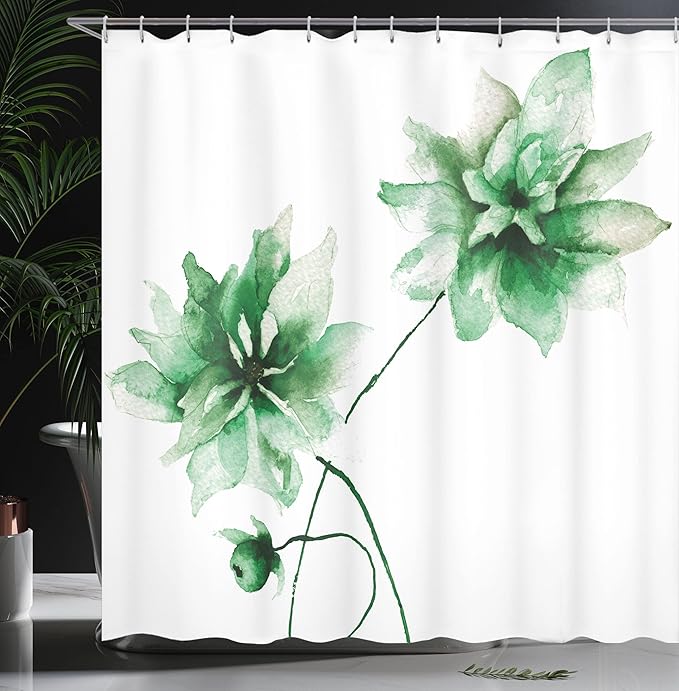 Ambesonne Watercolor Flower Shower Curtain, Flora Drawing Soft Spring Colors Retro Style Floral Artwork, Cloth Fabric Bathroom Decor Set with Hooks, 69" W x 84" L, Apple Green