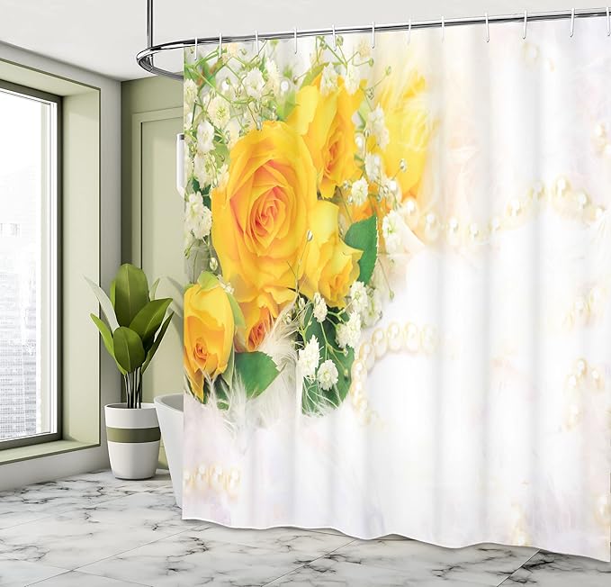Ambesonne Yellow Shower Curtain, Bouquet of Romantic and Colorful Roses on a White Background Adoration, Cloth Fabric Bathroom Decor Set with Hooks, 69" W x 70" L, Yellow Pearl Fern Green