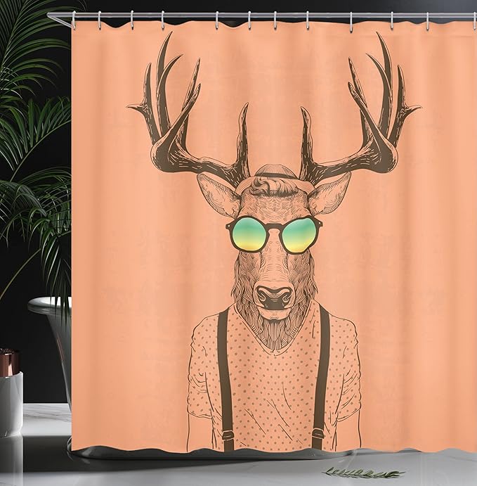 Ambesonne Antlers Decorative Bath & Shower Curtain, Deer Dressed up Like Cool Hipster Fashion Creative Funny Animal, Cloth Fabric Set with 12 Hooks, Dorm & House Decorations, 69" W x 70" L, Dark Peach