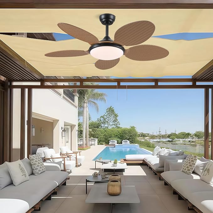 48"Tropical Style Palm Leaf Ceiling Fans with LED Lights and Remote & APP | Supports Remote and APP, 6 Wind Speeds, Reversible, Dimmable 3CCT LED, 35W Quiet DC Motor,Suits for Bedroom Kitchen