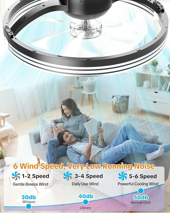 Ceiling Fans with Lights and Remote, Low Profile Ceiling Fan, Morden Flush Mount LED Fan Light, 3000K-6500K Dimmable for Bedroom, Kitchen, Living Room, Striped, Black