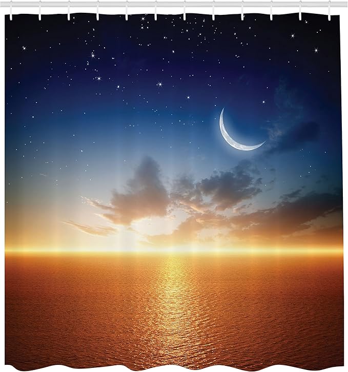 Ambesonne Ocean Shower Curtain, Sunset Sky with Moon and Stars Horizon Scenery Fantasy View Art Print, Cloth Fabric Bathroom Decor Set with Hooks, 69" W x 70" L, Navy Yellow Orange