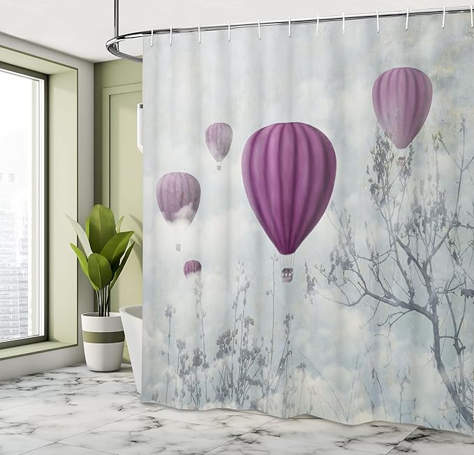 Ambesonne Fantasy Shower Curtain, Hot Air Balloons in The Clouds Dream Journey to Secret Paradise Romantic Design, Cloth Fabric Bathroom Decor Set with Hooks, 69" W x 75" L, Purple White