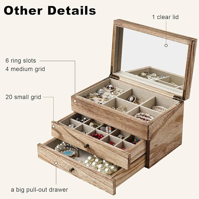 Meangood Jewelry Box Organizer for Women, 3 Layer Large Jewelry Storage Case, Rustic Wooden Jewelry Box with Mirror & Ring Tray for Necklace Earring Bracelets Rings, Vintage Style (Carbonized Black)