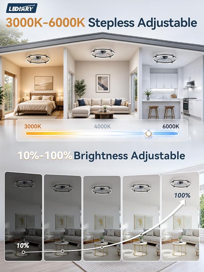 LEDIARY 30" Ceiling Fans with Lights and Remote, Low Profile,Large, Black | 3000K-6000K Stepless Dimmable Fandelier, Reversible DC Motor, Remote and APP Control, Bedroom Kitchen Living Room Fan Light