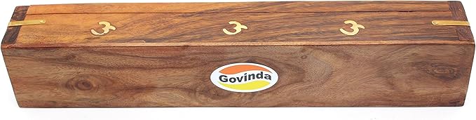 Govinda - Wooden Coffin Incense Burner - 12" OM - Brass Inlays - Storage Compartment