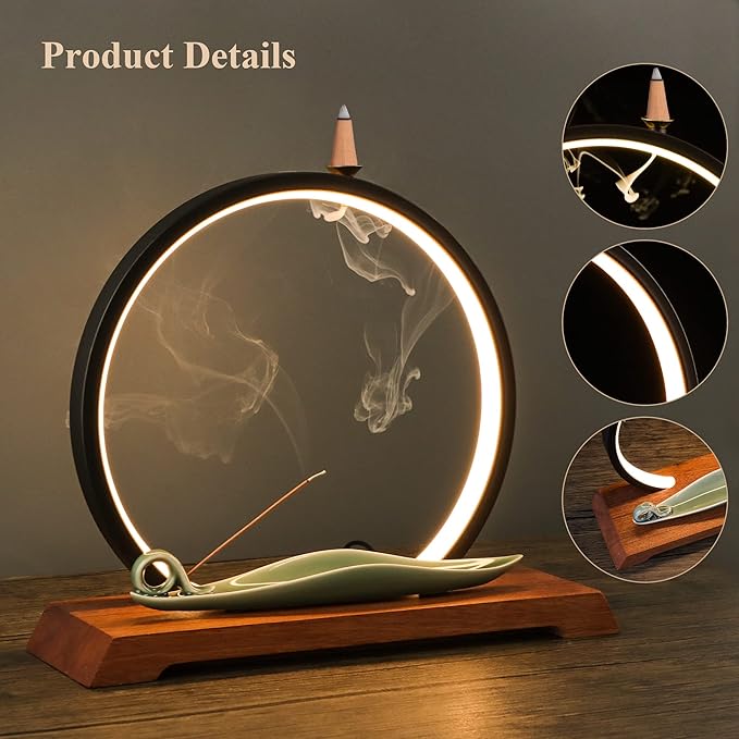 DOBEHOME Backflow Incense Burner with LED Light Ring, Ceramic, Waterfall Design, Includes 1 Tweezer and 30 Incense Sticks for Home, Office, Decor, Yoga, Aromatherapy
