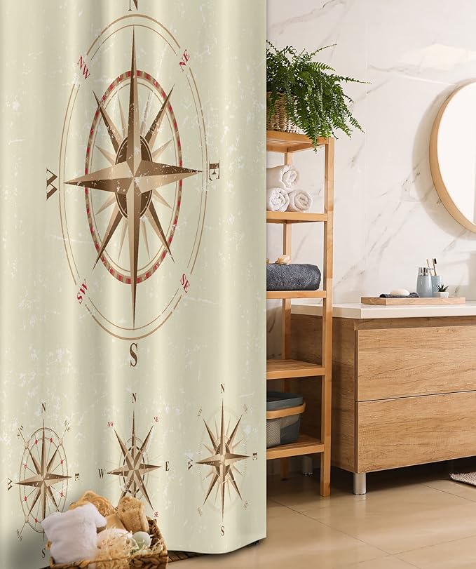 Ambesonne Compass Stall Shower Curtain, 4 Different Compasses in Retro Colors Discovery Equipment Where Nautical Marine, Fabric Bathroom Decor Set with Hooks, 36" W x 72" L, Beige Tan