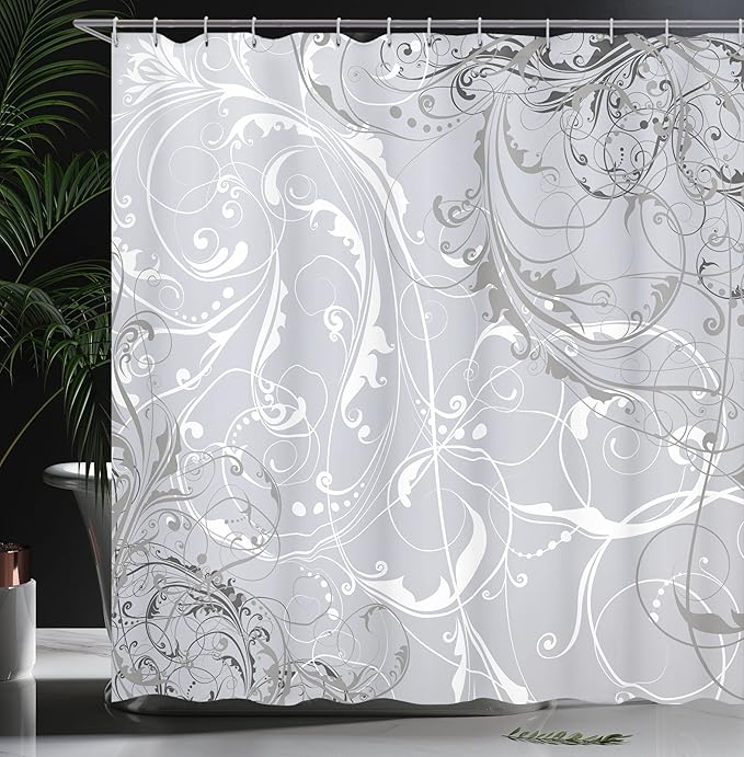 Ambesonne Floral Shower Curtain, Baroque Swirl Branches Curved Flower Leaves Shabby Form Nature Pattern, Cloth Fabric Bathroom Decor Set with Hooks, 69" W x 84" L, Pearl White