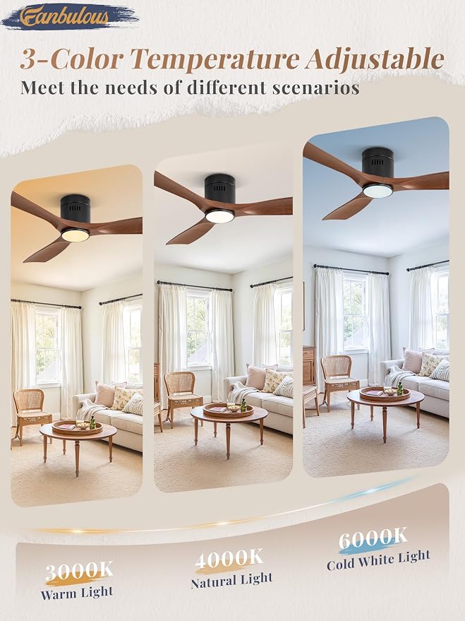 Fanbulous 52" Ceiling Fans with Lights and Remote Control,Modern Flush Mount Ceiling Fan with 3 CCT,Low Profile Ceiling Fans with 6-Speeds Reversible DC Motor for Patio Living Room Bedroom(Walnut)