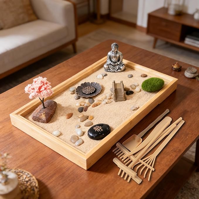 Zen Sand Garden Kit for Desk with Incense Stick Holder 11"x7.5" 6 Tools, 16 Accessories