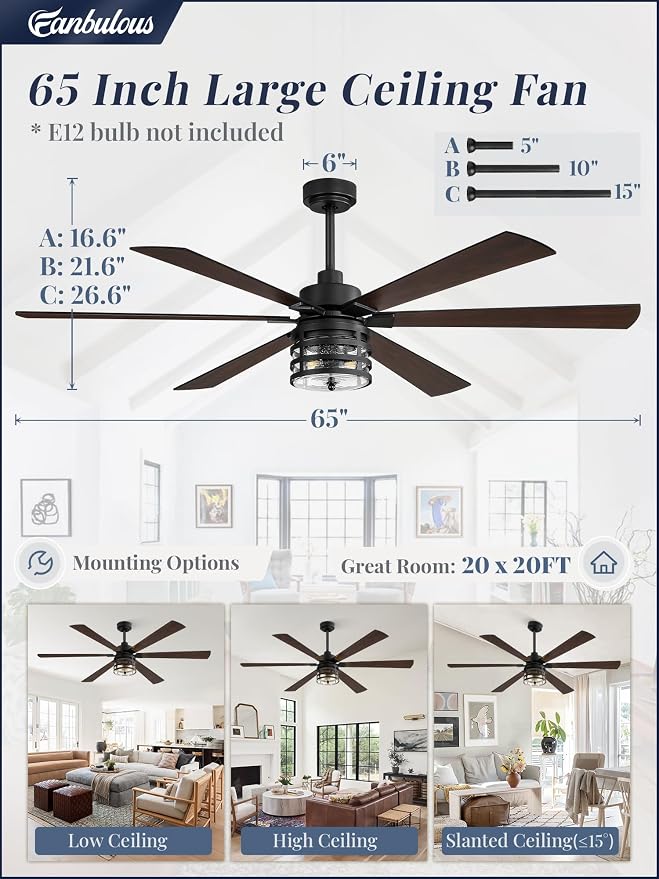 Fanbulous 65" Farmhouse Ceiling Fans with Lights and Remote,Industrial Large Ceiling Fan with 6-Speed Reversible DC Motor and 6 Dual Finish Blades,Black Ceiling Fan with Light for Living bedroom Patio