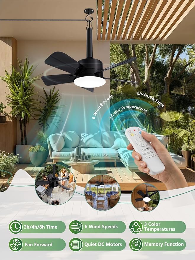 LANMEL Outdoor Gazebo Ceiling Fan with Light and Remote, 18 Inch, Black | Plug-In, IP65 Waterproof, Hanging with Hook, 6 Speed, Reversible, 3CCT, Dimmable, Portable, for Patio, Canopy, Porch, RV
